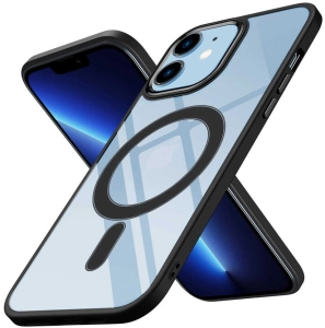 Apple iPhone 12 (6.1) Kılıf Wireless Şarj Özellikli Arkası Şeffaf Krom MagSafe Silikon Kapak - Siyah