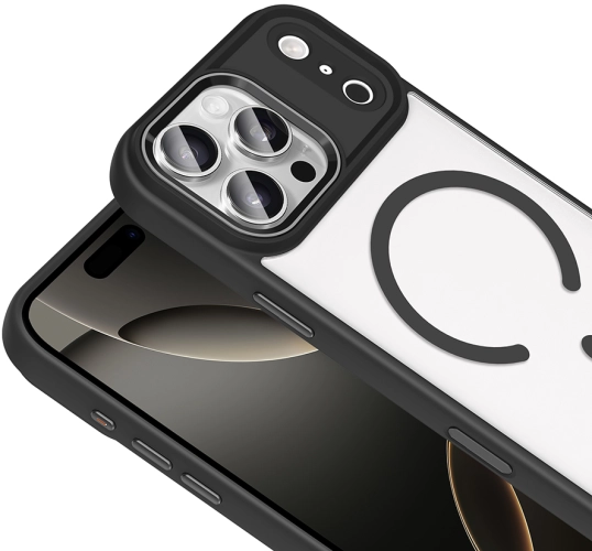 Apple iPhone 17 Pro Kılıf Wireless Şarj Özellikli Arkası Şeffaf Krom MagSafe Silikon Kapak - Gri