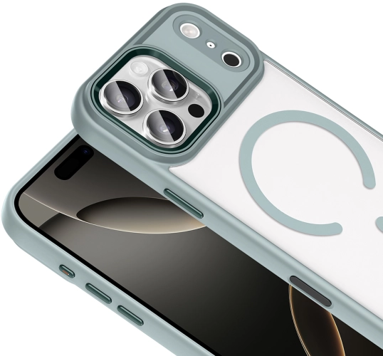 Apple iPhone 17 Pro Kılıf Wireless Şarj Özellikli Arkası Şeffaf Krom MagSafe Silikon Kapak - Gri