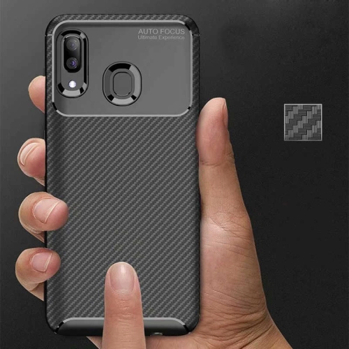 Samsung Galaxy A20 Kılıf Karbon Görünümlü Silikon Parmak İzi Bırakmayan Negro Kapak - Siyah