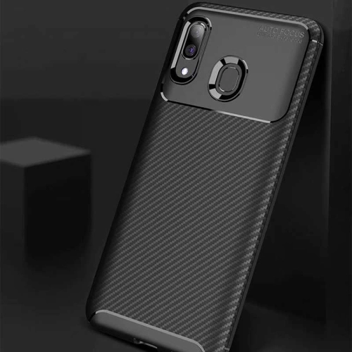 Samsung Galaxy A20 Kılıf Karbon Görünümlü Silikon Parmak İzi Bırakmayan Negro Kapak - Siyah