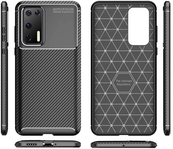 Huawei P40 Kılıf Karbon Görünümlü Silikon Parmak İzi Bırakmayan Negro Kapak - Siyah