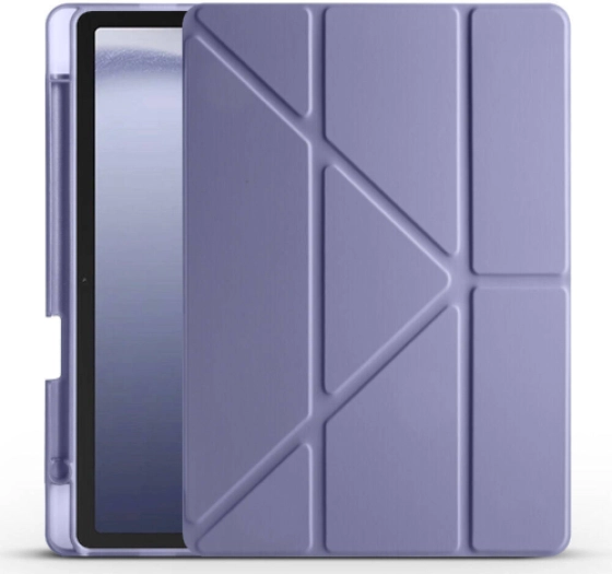 Samsung Galaxy Tab A9 Kılıf Kalem Bölmeli Katlanabilir Uyku Modlu Standlı Kalemlikli Silikon Tri Folding Kapak - Mor