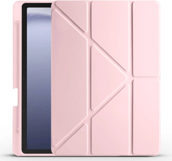 Samsung Galaxy Tab A9 Kılıf Kalem Bölmeli Katlanabilir Uyku Modlu Standlı Kalemlikli Silikon Tri Folding Kapak - Rose Gold