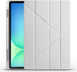 Samsung Galaxy Tab S10 FE Plus Kılıf Kalem Bölmeli Katlanabilir Uyku Modlu Standlı Kalemlikli Silikon Tri Folding Kapak - Gri