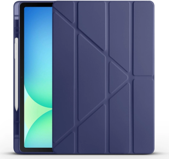 Samsung Galaxy Tab S10 FE Plus Kılıf Kalem Bölmeli Katlanabilir Uyku Modlu Standlı Kalemlikli Silikon Tri Folding Kapak - Lacivert