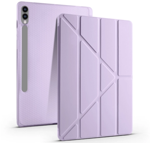 Samsung Galaxy Tab S9 FE Plus(+) Kılıf Kalem Bölmeli Katlanabilir Uyku Modlu Standlı Kalemlikli Silikon Tri Folding Kapak - Lila