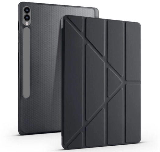 Samsung Galaxy Tab S9 FE Plus(+) Kılıf Kalem Bölmeli Katlanabilir Uyku Modlu Standlı Kalemlikli Silikon Tri Folding Kapak - Siyah