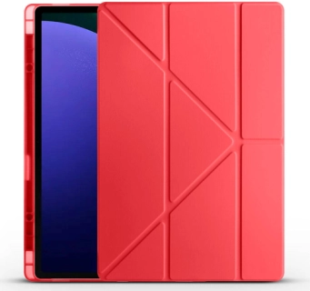 Samsung Galaxy Tab S9 Ultra (14.6) Kılıf Kalem Bölmeli Katlanabilir Uyku Modlu Standlı Kalemlikli Silikon Tri Folding Kapak - Kırmızı