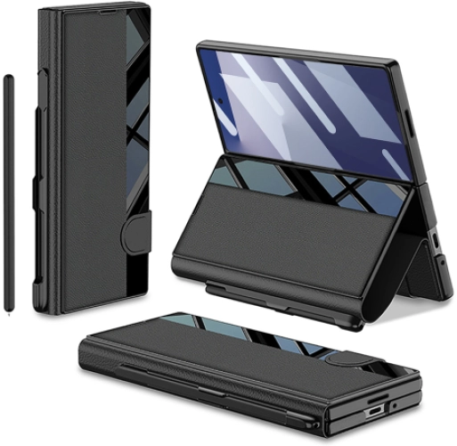 Samsung Galaxy Z Fold 7 Kılıf Kamera Korumalı Kadife Tasarımlı Premium GKK Kıpta Kalem Bölmeli Fest Kapak - Siyah