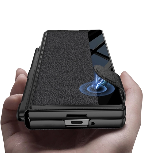 Samsung Galaxy Z Fold 7 Kılıf Kamera Korumalı Kadife Tasarımlı Premium GKK Kıpta Kalem Bölmeli Fest Kapak - Siyah