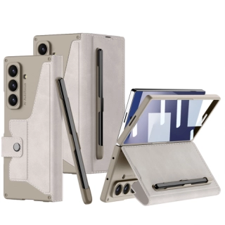 Samsung Galaxy Z Fold 7 Kılıf Kamera Korumalı Kadife Tasarımlı Premium GKK Kıpta Kalem Bölmeli Fest Kapak - Titanyum