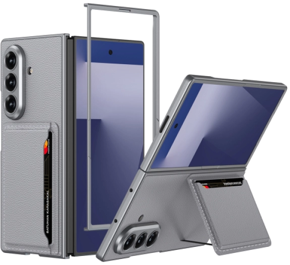 Samsung Galaxy Z Fold 7 Suni Deri Arka Yüzey Lux GKK Kartlıklı Kıpta Silikon Kapak - Gri