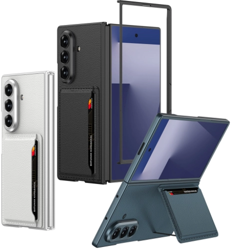 Samsung Galaxy Z Fold 7 Suni Deri Arka Yüzey Lux GKK Kartlıklı Kıpta Silikon Kapak - Gri