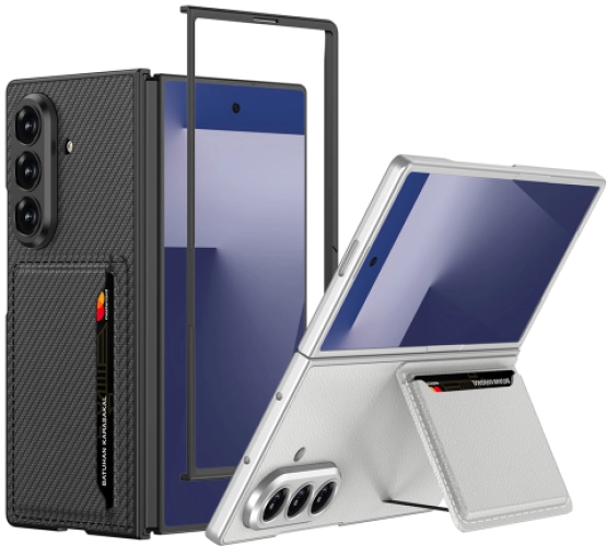 Samsung Galaxy Z Fold 7 Suni Deri Arka Yüzey Lux GKK Kartlıklı Kıpta Silikon Kapak - Siyah Karbon