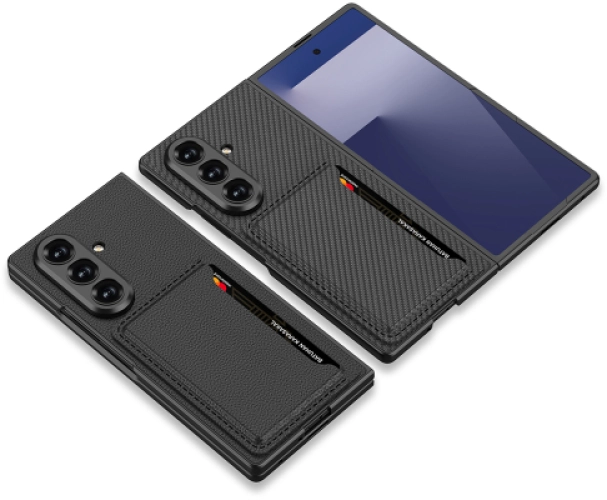 Samsung Galaxy Z Fold 7 Suni Deri Arka Yüzey Lux GKK Kartlıklı Kıpta Silikon Kapak - Siyah Karbon