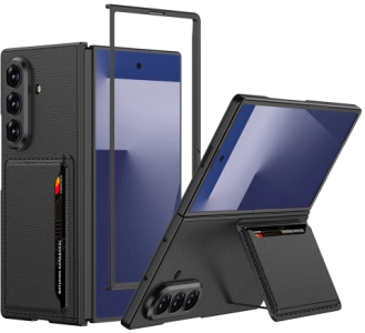 Samsung Galaxy Z Fold 7 Suni Deri Arka Yüzey Lux GKK Kartlıklı Kıpta Silikon Kapak - Siyah