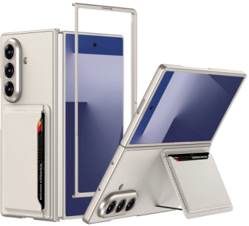Samsung Galaxy Z Fold 7 Suni Deri Arka Yüzey Lux GKK Kartlıklı Kıpta Silikon Kapak - Titanyum