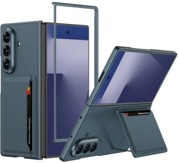 Samsung Galaxy Z Fold 7 Suni Deri Arka Yüzey Lux GKK Kartlıklı Kıpta Silikon Kapak - Yeşil