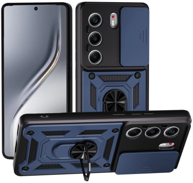 Tecno Camon 40 Pro Kılıf Magnetik Standlı Kamera Korumalı Sürgülü Vega Tank Zırhlı Kapak - Mavi